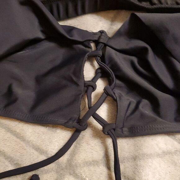 Black Two-Piece Swimsuit, Wireless Flounce Bikini Top Matching Bottom - Picture 6 of 6